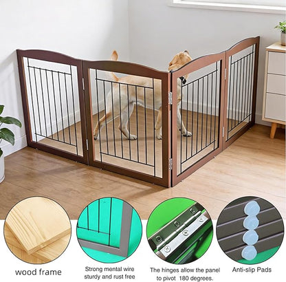 ZJSF Freestanding Foldable Dog Gate for House Extra Wide Wooden Brown Puppy Gate Stairs Dog Gates Doorways Tall Pet Gate 32 "Height 4 Panels Pet Fence