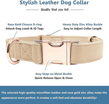 Soft Leather Dog Collar and Leash (6.6') Set - Stylish Rose Gold Heavy Duty Metal Buckle, 4 Adjustable Lengths Leash for Small Medium Large Dogs - Comfortable & Easy to Clean Beige XS(8"-12")