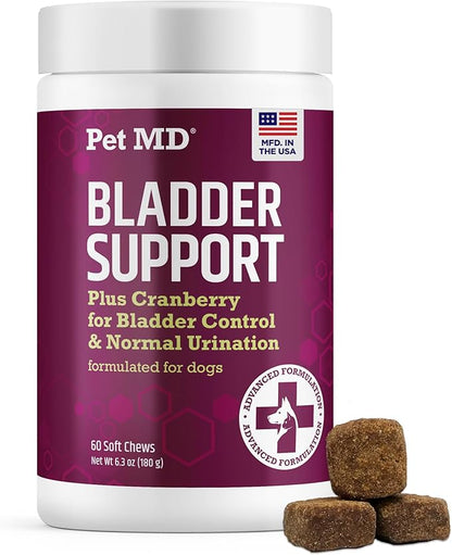 Pet MD Bladder Support Plus Cranberry for Dogs - Support Bladder Control & Urinary Tract Health - Help Relieve Dog UTI & Incontinence - Wild Yam Root & Cranberry Bladder Bites for Dogs - 60 ct