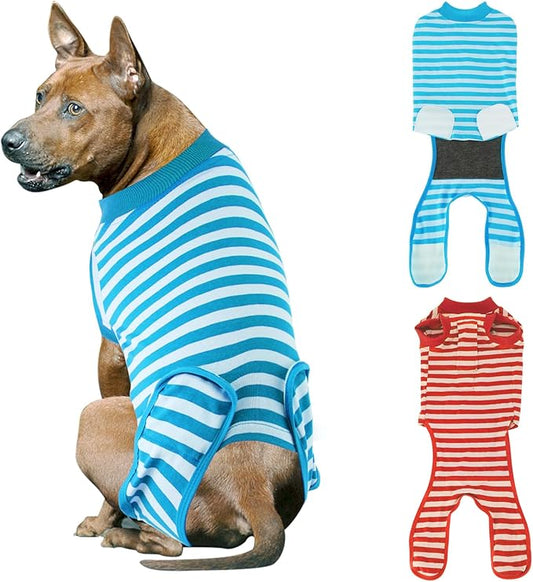 2 Packs Breathable Cotton Dog Recovery Suit for After Neuter Spay Abdominal Wounds Protector, Professional Anti-Licking Onesies for Male Female Pets Surgery Bandages, 2XL Red & Blue Stripes