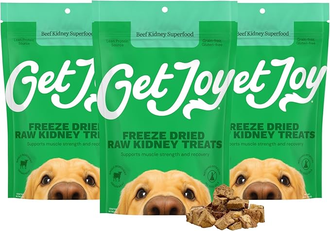 Get Joy Freeze Dried Dog Treat, 100% Beef Kidney, 4 Ounce Bag (Pack of 3), Single Ingredient Organ Meat, High Protein, Immune Health, Muscle Repair, Grain Free, Gluten Free, Made in USA