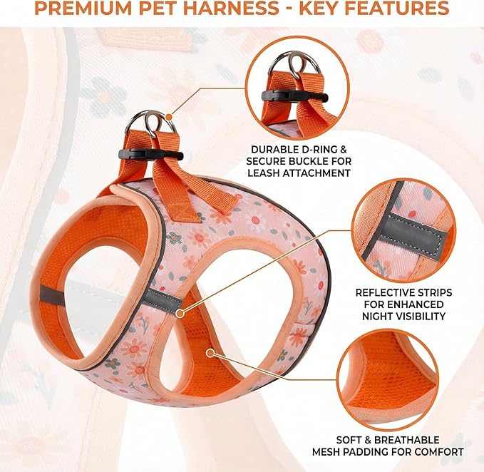 Mihqy Step in Dog Harness and Leash Set, Reflective Adjustable No Pull Dog Harness for Small Medium Dogs Puppy and Cats, Soft Padded Mesh Vest Harnesses for Girl and Boy Pets(Orange Floral,L)