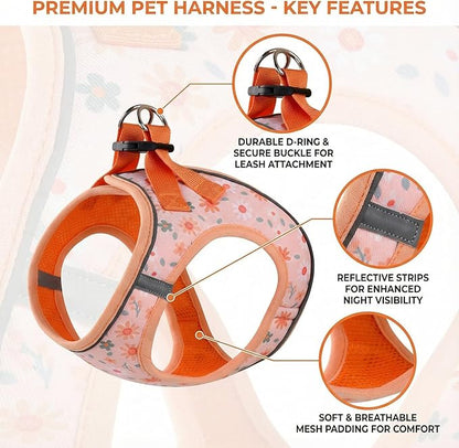 Mihqy Step in Dog Harness and Leash Set, Reflective Adjustable No Pull Dog Harness for Extra-Small/Small Dogs Puppy and Cats, Soft Padded Mesh Vest Harnesses for Girl and Boy Pets(Orange Floral,XXS)