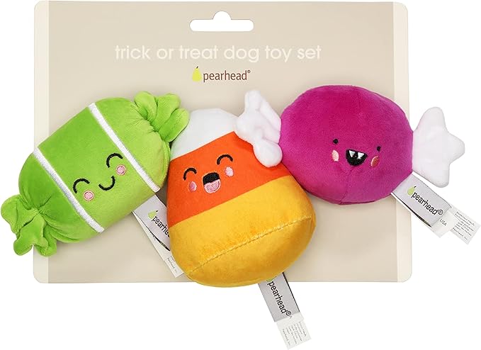 Pearhead Halloween Candy Dog Toys - Plush Pet Toy with Squeakers, Spooky Fall Finds, Set of 3