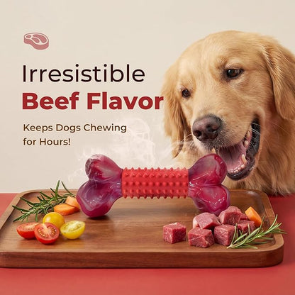 Apasiri 2-Pack Tough Dog Toys for Aggressive Chewers: Beef Flavored Long Lasting Dog Bones for Large Dogs, Heavy Duty Nylon & Rubber Dog Chew Toys to Keep Them Busy, Medium & Large Breed, Red