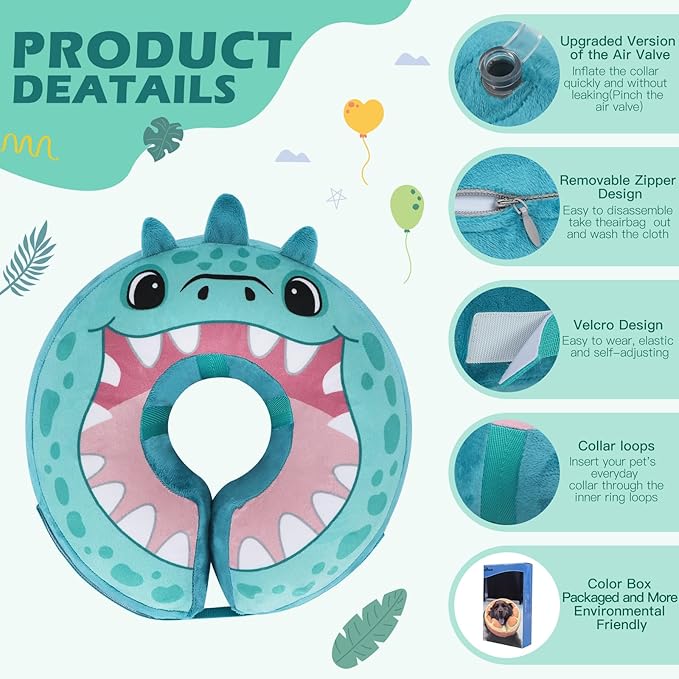 IEUUMLER Inflatable Recovery Dog Collar, Protective Donut Cone, Adjustable Soft Collar for Dog and Cat After Surgery Prevent from Biting & Scratching EU002 - Teal Dinosaur XL