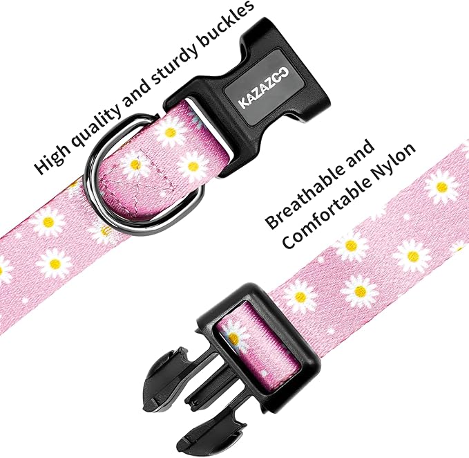 Kazazoo Dog Collar Cute and Soft Nylon Puppy Collar Girl, Adjustable Dog Collars for Small Medium Dogs, Pink Daisy-XS
