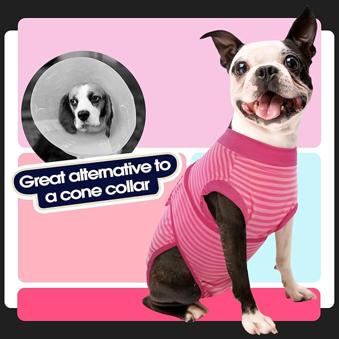 FUAMEY Recovery Suit for Dogs Post-Surgery,Dog Surgery Suit Female Spay Dog Onesie for Surgery Female Collar Cone Alternative Surgical Shirt,Male Dog Neuter Suits Rose Stripes XS