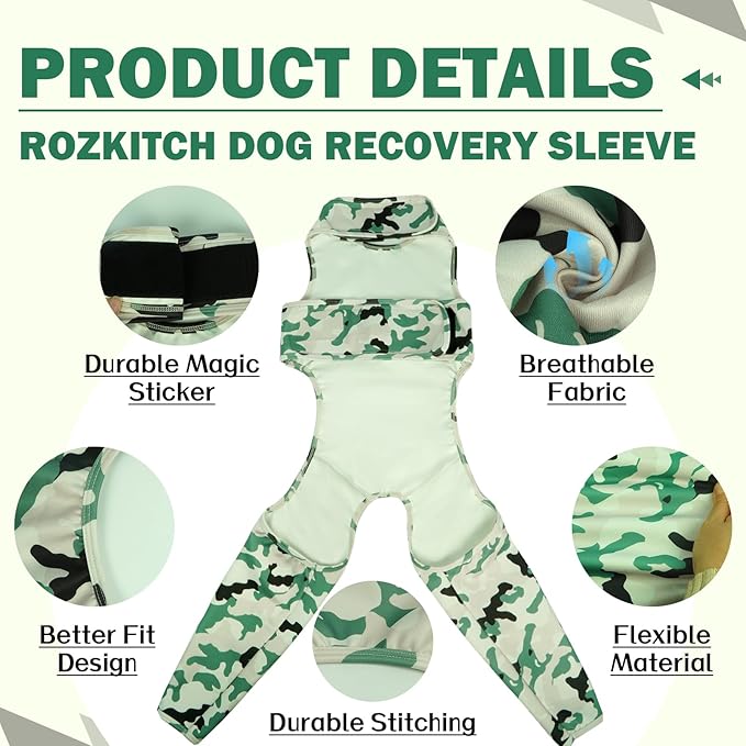 ROZKITCH Dog Sleeve to Prevent Licking Back Leg Rear Legs, Pet Wound Elbow Protector, Dog Recovery Suit Cone Collar Alternative for Sprain ACL CCL Arthritis Joint Care Camouflage 2XL