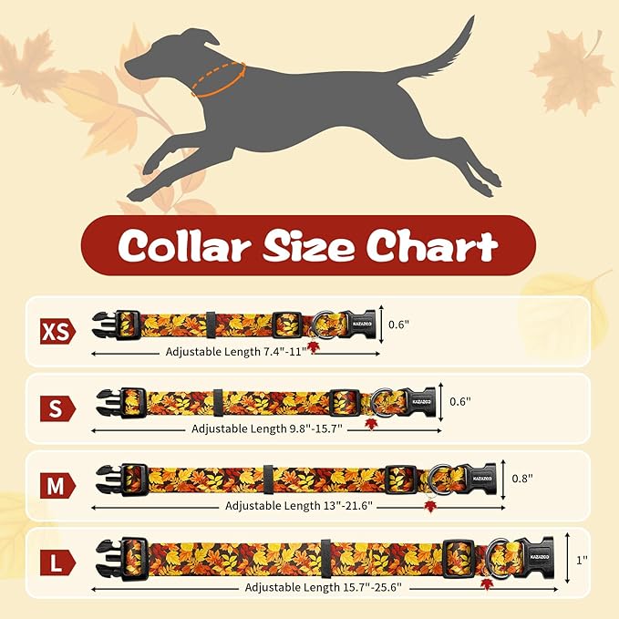 Kazazoo Dog Collar Cute and Soft Nylon Puppy Collar for Boy and Girl, Adjustable Dog Collars for Medium Large Dogs, Maple Leaf-L