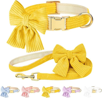 Dog Collar and Leash Set with Bowtie, Girl Dog Collars Metal Buckle Adjustable for Small Medium Dogs (Yellow, M: Neck 13"-22" Leash 5 FT)