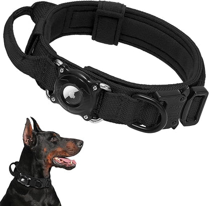 Waterproof AirTag Dog Collar with QR ID Tag, Tactical Military Dog Collar with Built-in AirTag Holder, Heavy Duty Metal Buckle & Control Handle, Training GPS Tracker Collar for Large Dogs(Black,XL)