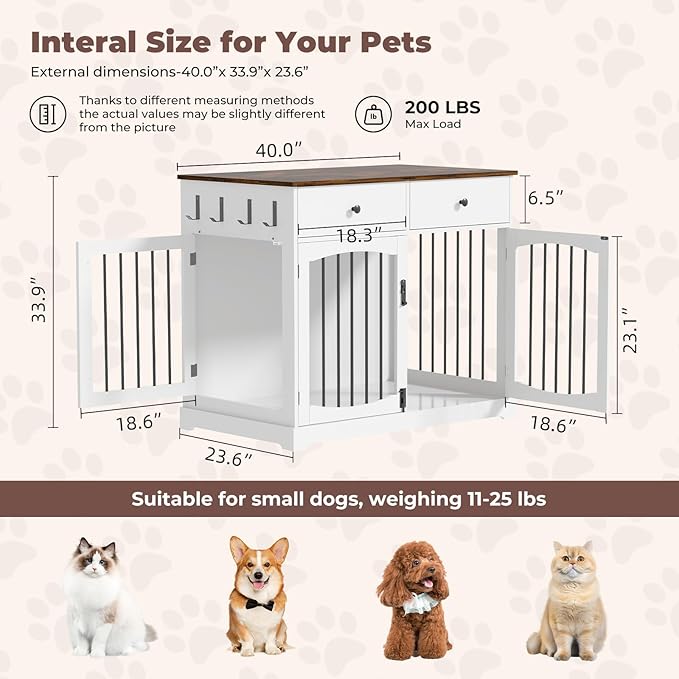 Dog Crate Furniture, Wooden Dog Kennel Furniture, Heavy-Duty 40" Dog Crate End Table with Storage Drawers, Double Doors Decorative Pet Cage House Indoor for Small Medium Dog, White