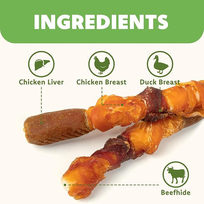 MON2SUN Dog Treats, Triple Flavor 6 Inch Chicken Liver Duck and Chicken Wrapped Rawhide Sticks, Teeth Cleaning Snacks for Medium Dogs, 35.27 oz (20 Count-Pack of 1)