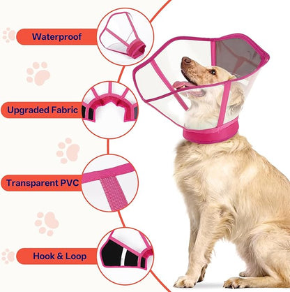 Foldable Dog Cone Collar - Adjustable Comfort Elizabethan Recovery Collar, Transparent Waterproof E-Collar for Dogs After Surgery to Stop Licking Scratching, Rose Red, M