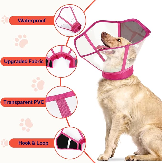 Upgraded Dog Recovery Cone Collar, Adjustable Soft Transparent E-Collar for Large Medium Small Dogs, Post-Surgery Protective Elizabethan Neck Collar, Rose Red, L