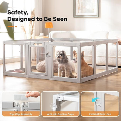 Clear Acrylic Dog Playpen Indoor, Puppy Cat Small Pet Play Pen, Pet Cat Playpen for Rabbits, Dog Fence Crate Kennel Whelping Cage (Grey, 10 Panel)