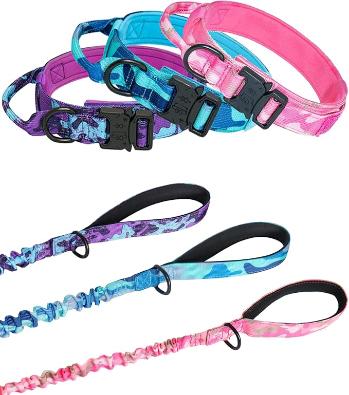 Hotsky Tactical Dog Collar and Leash Set, Heavy Duty Military Airtag Dog Collar with Handle and Metal Buckle for Training and Walking, with Airtag Holder and Two Patches (Purple Camo, M)