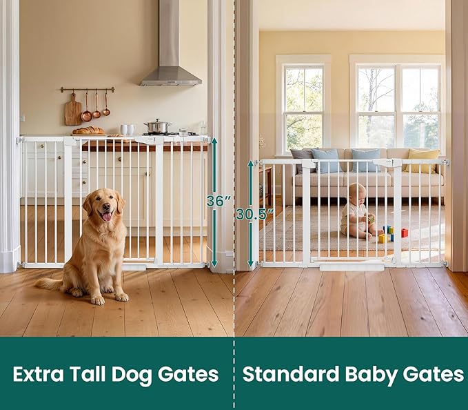 Cumbor 36" Extra Tall Baby Gate, 30-54" Wide Dog Gates for Large Dogs, Dual Lock & Self-Closing Child Gate for Stairs, Doorways & Hallways, Pressure Mounted Safety Proofing for Babies & Pets, White