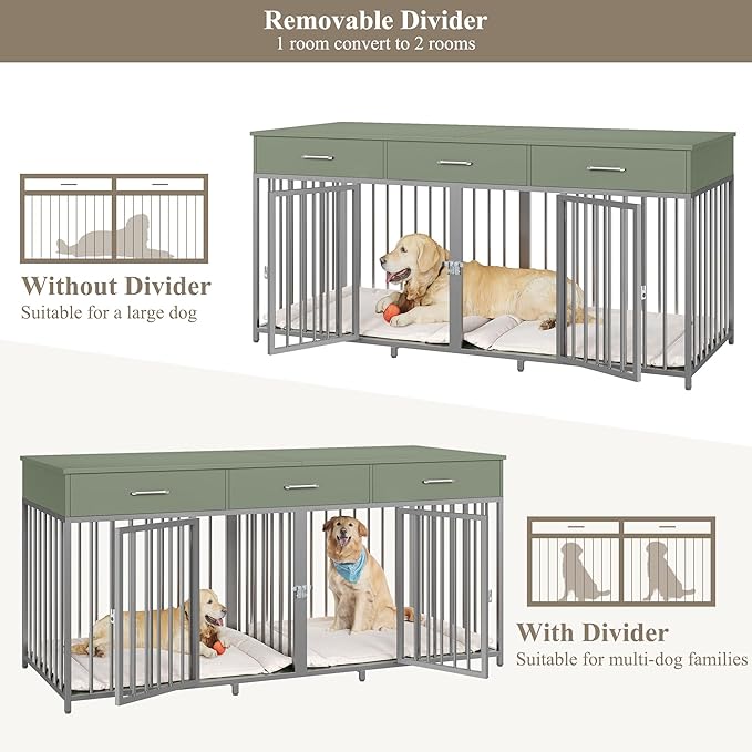 HOSTACK Double Dog Crates Furniture, 71" Wide Indoor Dog Kennel with 3 Drawers, Farmhouse Dog Cage for 2 Large/Medium Dogs, Heavy Duty Dog Crate with Removable Room Divider, Wooden Pet House, Green