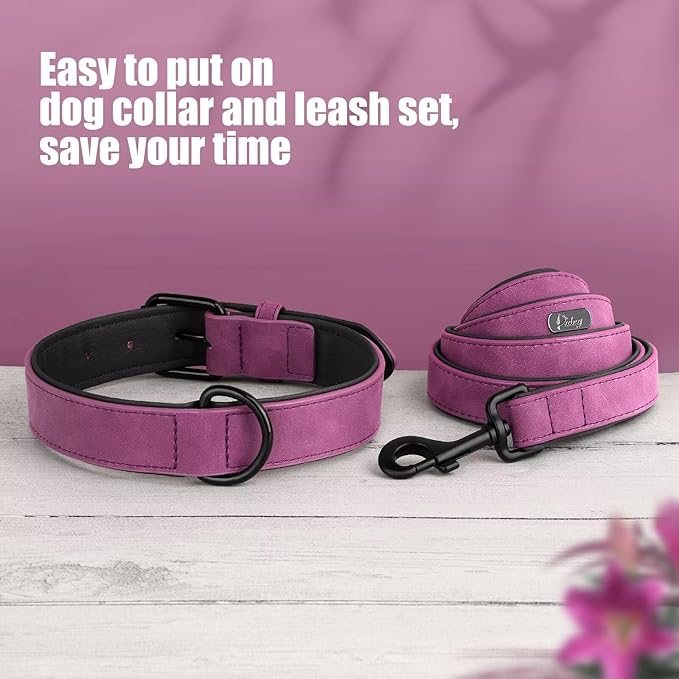 Didog Soft Padded Leather Dog Collar and Leash Set, Adjustable Dog Lead and Collar Set with Metal Buckle, Breathable Pet Collars with 4FT PU Leather Leash for Large Dogs, Purple, XL