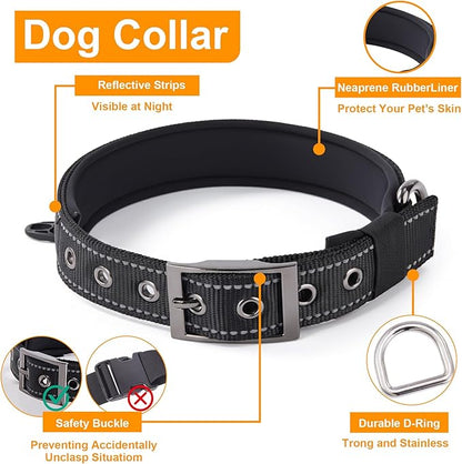 Annchwool No Pull Dog Harness,Heavy Duty Reflective Collar & Leash Set-Leash with Double Handle & Car Seatbelt Clip-Easy Control for Walking Training Medium Large Size Dogs(Black,M)