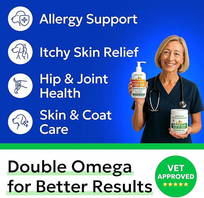 BARK&SPARK Omega 3 + Fish Oil for Dogs - Skin Allergy Chews, Itch Relief, Hot Spots Treatment - Fish Oil Liquid Supplement for Pets, EPA+DHA Fatty Acids, Skin & Coat Support - Bundle: 180 Ct + 16 Oz