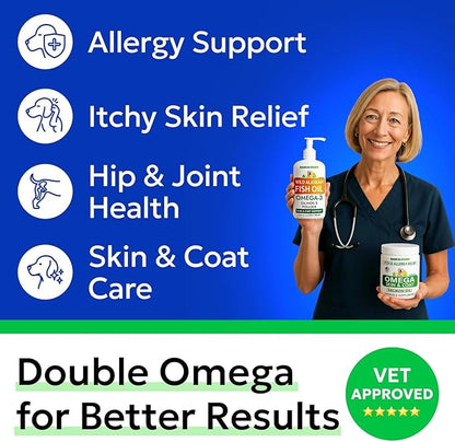 BARK&SPARK Omega 3 + Fish Oil for Dogs - Skin Allergy Chews, Itch Relief, Hot Spots Treatment - Fish Oil Liquid Supplement for Pets, EPA+DHA Fatty Acids, Skin & Coat Support - Bundle: 180 Ct + 16 Oz