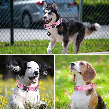 Hotsky Tactical Dog Collar, Adjustable Military Training Nylon Airtag Collar with Handle and Heavy Duty Metal Buckle for Medium Large Dogs, with Airtag Holder and Two Patches（Pink Camo,M）