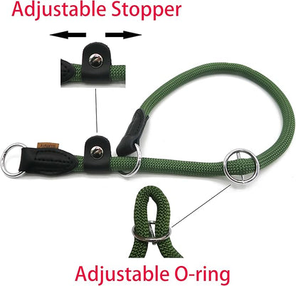 Braided Round Martingale Dog Collar, Training Collar with Slidable Stop Ring and Adjustable Stopper - Ideal for Extra Large Dogs (XL(1/2") - 24" Long, Dark Green)