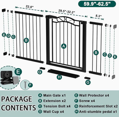 Fairy Baby 59.9"-62.5" Extra Wide Baby Gate with Door, 60 61 62 Inches Walk THR Baby Gates for Stairs Pressure Mounted no Drill, Indoor Tension Metal Child Pet Dog Safety Gate for Kids, Black