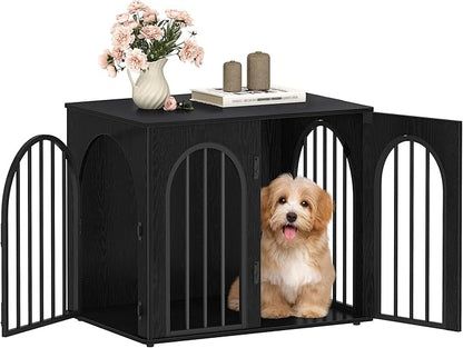 Hzuaneri 26.8'' Wooden Dog Crate Furniture, Indoor Dog Kennel Dogs Cage for Small Dogs, Heavy Duty Dog Crates Decorative Pet House End Side Table TV Stand, Black DFC85504B