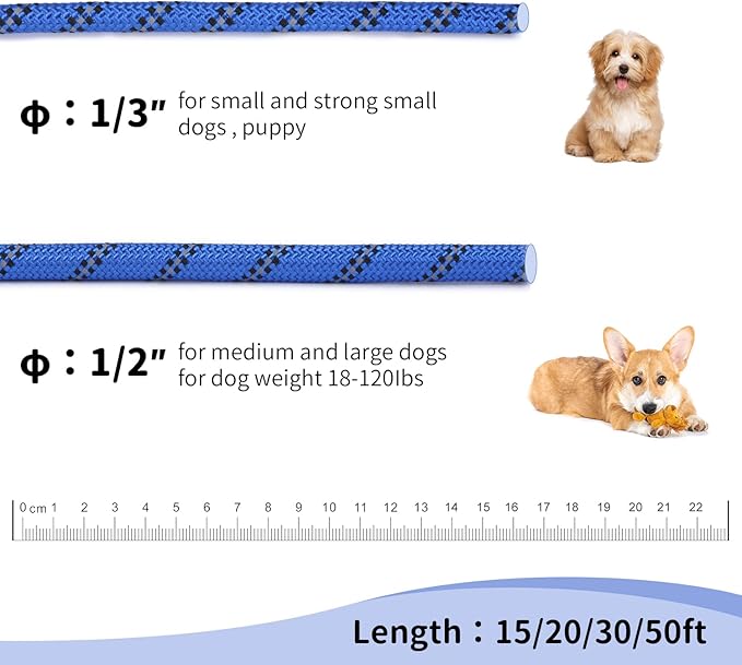 Long Dog Leash for Training 30Ft-Reflective Nylon Rope with Swivel Hook-Recall Agility Lead for Large Small Medium Dogs Outside Walking Hiking-Royal Blue