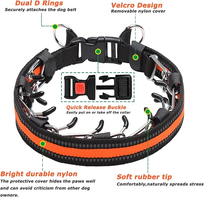 Prong Collar for Dogs, Reflective Covered Dog Spike Pinch Collar, Adjustable Dog Training Collar with Quick Release Buckle for Small Medium Large Dogs (L Size)