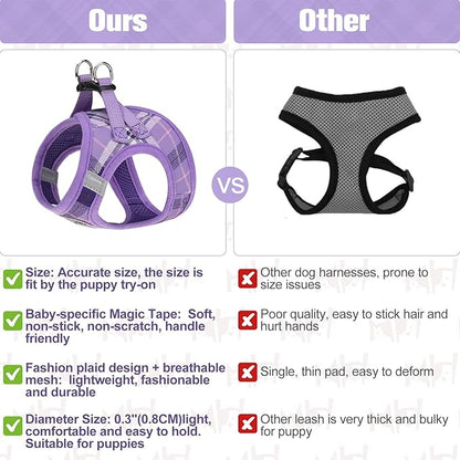 BEAUTYZOO Small Dog Harness and Leash Set,Step in No Choke No Pull Soft Mesh Dog Harnesses Reflective for Extra-Small/Small Medium Puppy Dogs and Cats, Plaid Dog Vest Harness for XS S Pets, Purple XXS