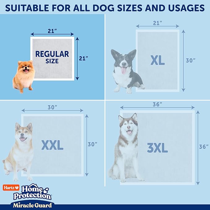 Hartz Miracle Guard Dog and Puppy Dog Pads Max Absorbency 24 Hour Use Odor Eliminating No Leaks, Regular Size 25 Count