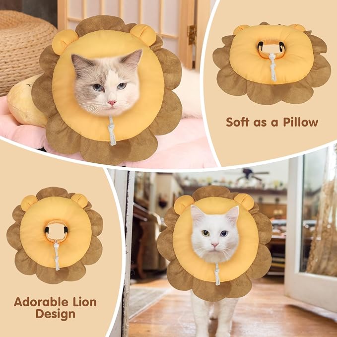 BEAUTYZOO Cat Cone Collars Soft, Cat Recovery E Collars After Surgery to Stop Licking, Adjustable Elizabeth Circle Collar Cute Pet Donut Pillow for Cats Kitten Small Dogs, Lion M