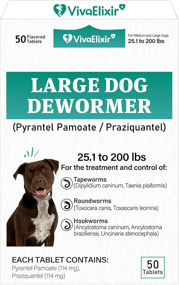 De-Wormer for Dogs, Oral Treatment for Tapeworm, Roundworm & Hookworm in Large Dogs & Puppies (Over 25 lbs), Worm Remover (Praziquantel & Pyrantel Pamoate), 50 Tablets
