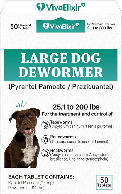 De-Wormer for Dogs, Oral Treatment for Tapeworm, Roundworm & Hookworm in Large Dogs & Puppies (Over 25 lbs), Worm Remover (Praziquantel & Pyrantel Pamoate), 50 Tablets