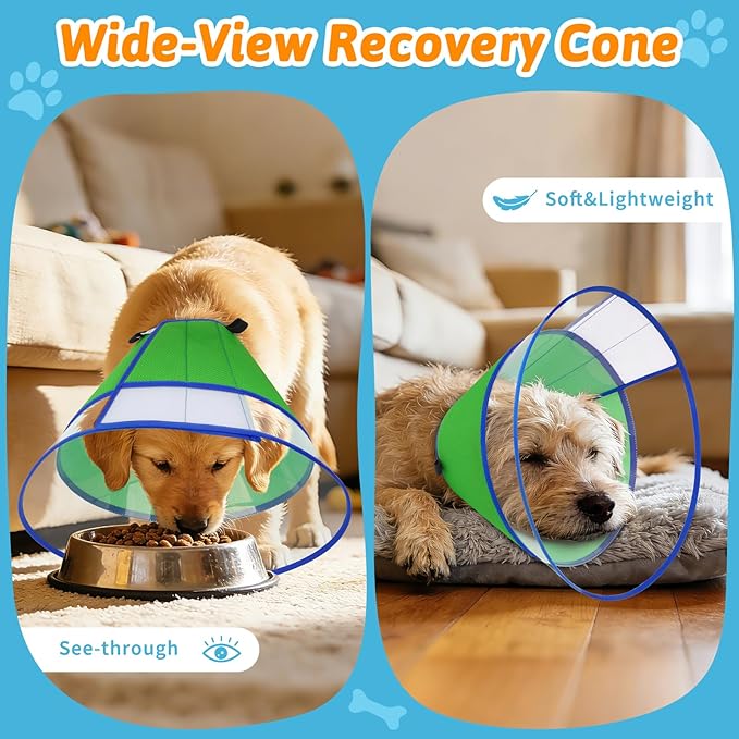 Dog Cone Collar, Clear Soft Cone for Dogs After Surgery to Stop Licking, Breathable Mesh Recovery Collar with Elastic Loop for Snug Fit, Adjustable E-Collar for Large Dogs, Green Size 4