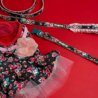 Blueberry Pet Made Well Elegant Floral Print Adjustable Dog Collar in Sleek Black with Pink Artificial Silk Flower, Medium, Neck 14.5"-20"
