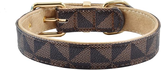 Leather Dog Collar and Leash Set, Check Pattern Dog Collar Leashes Metal Buckle Adjustable Durable for Small Medium Large Dogs (Brown, XL(18-22IN))