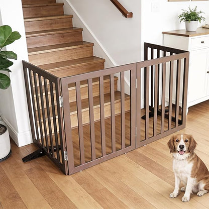 Dog Gate Indoor, Freestanding Dog Fence for The House, Doorways, Hallways,or Stairs,Pet Gate Foldable Wooden,Expandable 24" Height 4 Panels,Brown