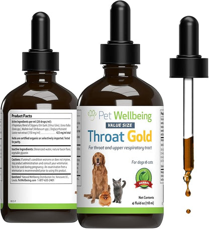 Pet Wellbeing Throat Gold for Dogs - Supports Collapsed Trachea & Throat Discomfort with Mullein & Slippery Elm for Kennel Cough - NASC Certified & Vet-Formulated 4 oz Liquid Formula