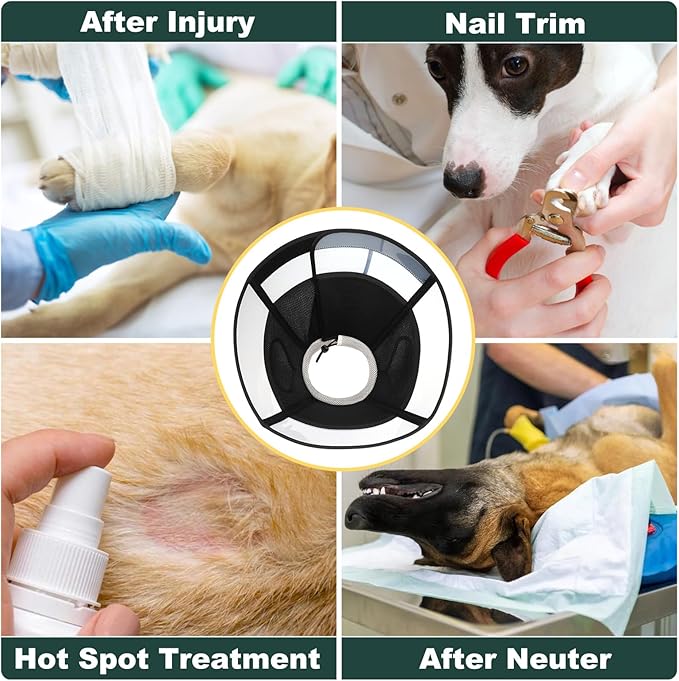 Soft Dog Cone Collar for Large Dogs, Mesh Windows Transparent E Collar for Dog, Anti-Bite Lick Wound Healing After Surgery Neuter Safety Practical Comfy Plastic Cone Black L