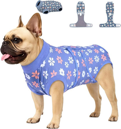PetWarm Dog Surgical Recovery Suit Male, Dog Bodysuit for Sensitive Skin Areas, Surgical Suit for Dogs Abdominal Affected Areas Bandages, Substitute E-Collar and Cone, Flower Pattern, Blue, XS