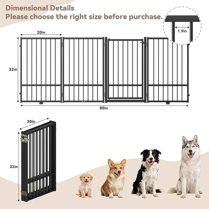 SNUOWU Full Metal Freestanding Dog Gate with Door, 32''Height Foldable Pet Dog Fence for Indoor & Outdoor, 4 Panels Extra Wide Free Standing TallDog Gates for Doorways,House,Stairs,Porch,Deck,Yard