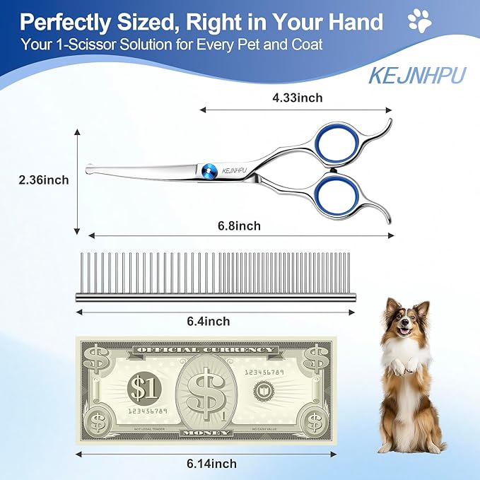 Professional Dog Grooming Kit 6.8 Inches, Curved Dog Grooming Scissors with Safety Round Tips, Dog Scissors for Grooming for Face, Paws & Ears at Home - Right & Left Handed