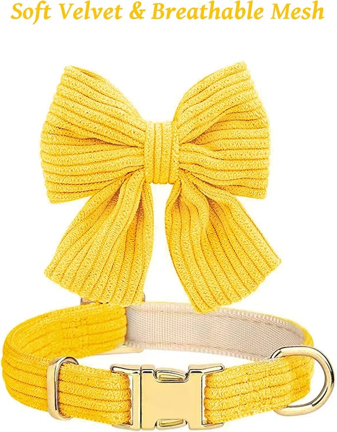 Dog Collar and Leash Set with Bowtie, Girl Dog Collars Metal Buckle Adjustable for Small Medium Dogs (Yellow, M: Neck 13"-22" Leash 5 FT)