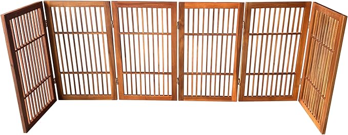 Urnporium Pet Dog Gate Freestanding, Strong Durable Folding Wooden Fence, Portable Acacia Hardwood Safety Barrier for Indoor & Outdoor Use (Brown Pet Gate, 6 Panel 30" Tall)